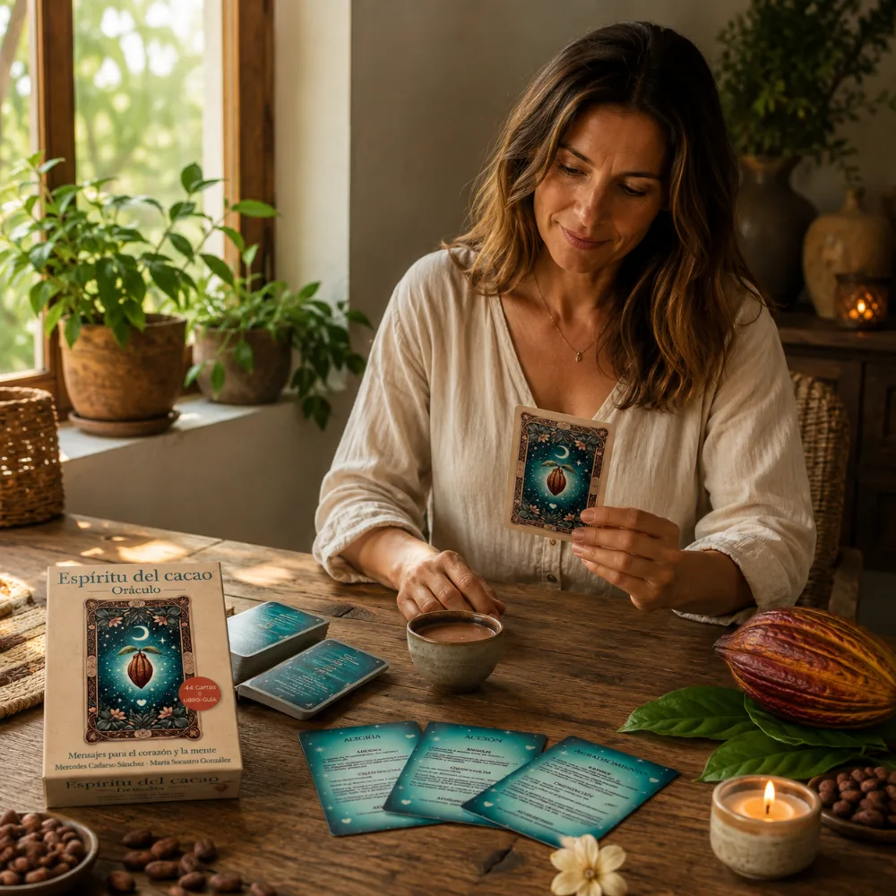 Mujer sosteniendo una carta del oráculo Espíritu del Cacao junto a una taza de cacao