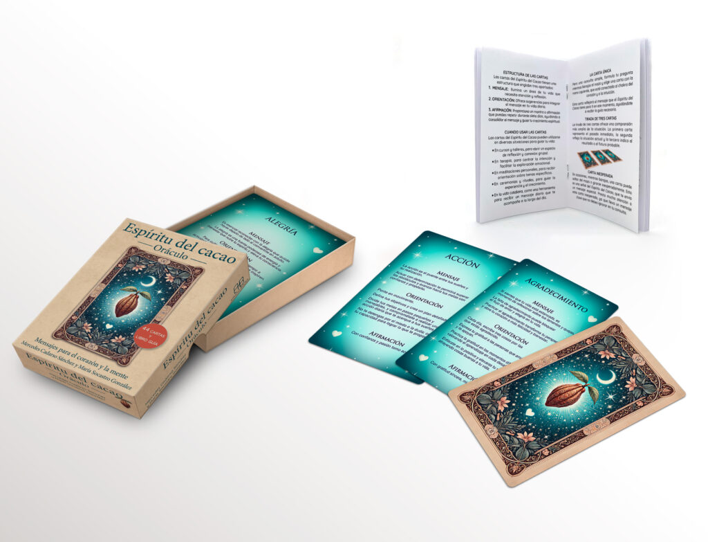 Cartas oraculo espiritu del cacao con libro, caja y cartas